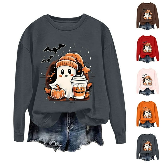 Meichang Womens Halloween Sweatshirts Ghost Graphic Sweatshirt Oversized Crewneck Long Sleeve Fall Pullover Vintage Sweatshirts