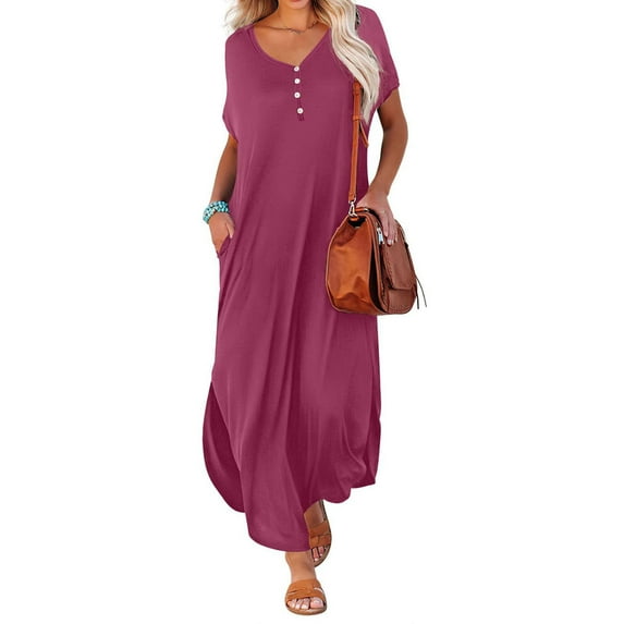 Meichang Womens Henley Dresses Short Sleeves V Neck Button Up Midi Dresses Solid Color Casual Loose Fit Dresses Lightweight Summer Work Dresses with Pockets