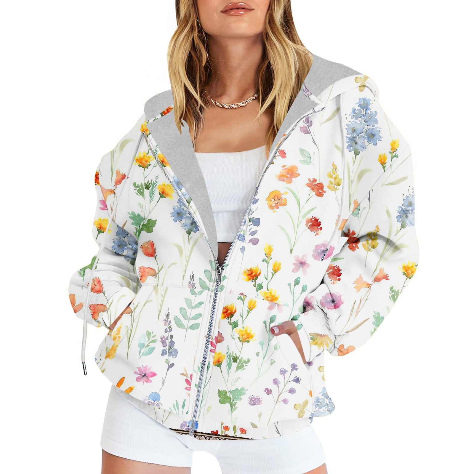 Meichang Womens Hoodies 2023 Fleece Floral Print Hoodie Long Sleeves