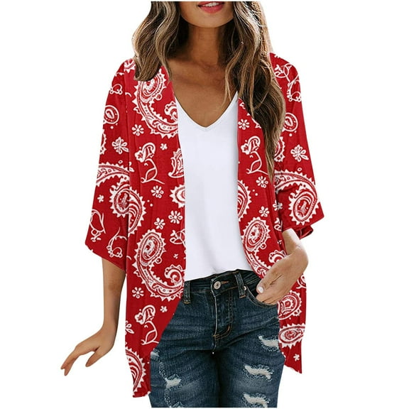 Meichang Womens Lightweight Cardigan Light Weight Open Front Chiffon Cardigan Floral Kimonos 3/4 Sleeve Loose Fit Boho Cover Up Blouse Top