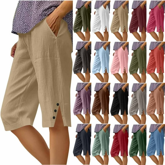 Meichang Womens Linen Capri Pants Knee Length Summer Linen Capri Pants Elastic Waist Casual Loose Side Slit Button Hem Summer Beach Pants with Pockets