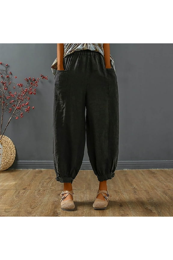 Womens Linen Pants Summer Baggy Harem Pants Elastic Waist Casual Lantern Trouser Beach Palazzo Harem Pants with Pockets