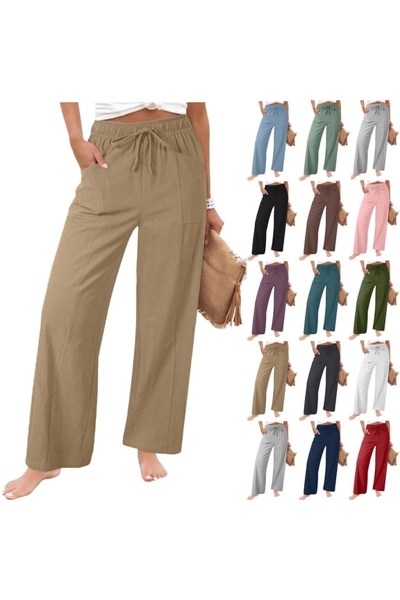 Womens Linen Pants Summer Drawstring Elastic Waist Wide Leg Pants Flowy Loose Fit Palazzo Trousers with Pockets Summer Beach Pant