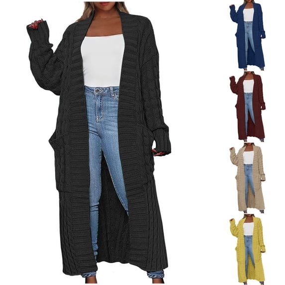 Meichang Womens Long Cable Knit Cardigan Chunky Open Front Duster Cardigan with Pockets Long Sleeve Fall Winter Maxi Knit Sweater Cardigans Outerwear Blue XXL