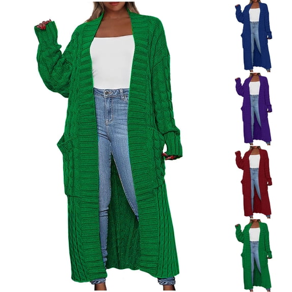 Meichang Womens Long Cable Knit Cardigan Chunky Open Front Duster Cardigan with Pockets Long Sleeve Fall Winter Maxi Knit Sweater Cardigans Outerwear Green XXL