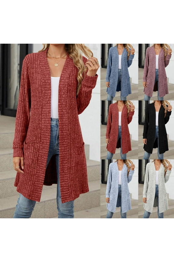 Meichang Womens Long Cardigan Sweaters Open Front Long Sleeve Ribbed Knit Cardigan Fall Soft Slim Fit Dressy Cardigans Outwear Top with Pockets