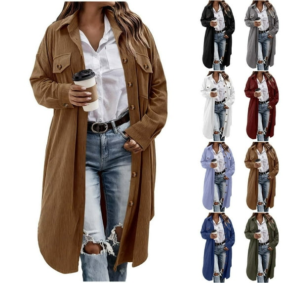 Meichang Womens Long Corduroy Jacket Long Sleeve Casual Lapel Button Down Trench Coats Winter Clothing with Chest Pocket