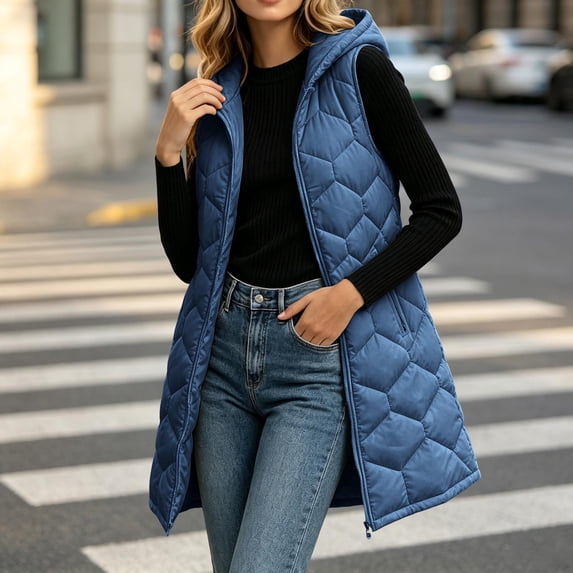 Meichang Womens Long Puffer Vest Hooded Jackets Winter Warm Quilted Vest Full Zipper Sleevelss Jacket Lightweight Down Coat Outerwear with Zipper Pockets