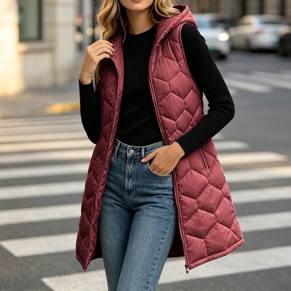 Meichang Womens Long Puffer Vest Hooded Jackets Winter Warm Quilted Vest Full Zipper Sleevelss Jacket Lightweight Down Coat Outerwear with Zipper Pockets