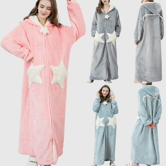 Meichang Womens Long Robe Zip Up Long Sleeve Plush Fleece Hooded Robes Winter Full Zip Fuzzy Bathrobe Soft Fluffy Cozy Warm House Robes