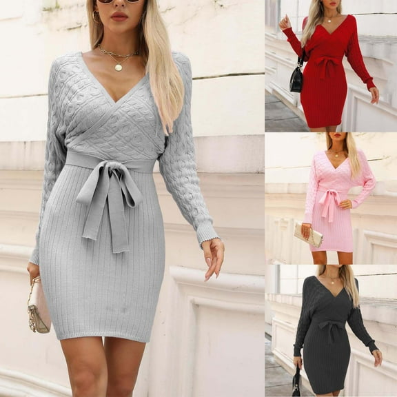 Meichang Womens Long Sleeve Sweater Dress V Neck Wrap Bodycon Knit Mini Dress Slim Fit Tie Waist Fall Pullover Sweater Dresses