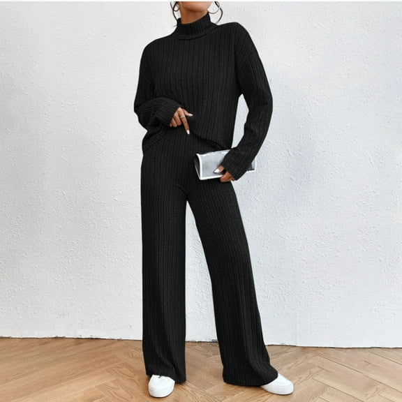 Meichang Womens Lounge Set Turtleneck Sweater Matching Sets Long Sleeve Pullover Sweater and Wide Leg Pant 2 Piece Sets Loungerwear