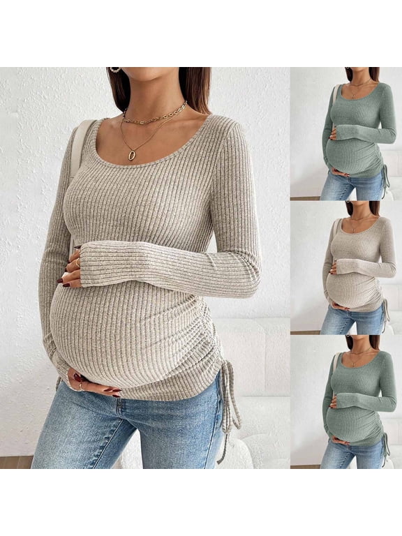 Womens Maternity Ribbed Knit Shirts with Ruching Sides Drawstring Long Sleeve Scoop Neck Pregnancy Top Fall Winter Soft Base Shirt