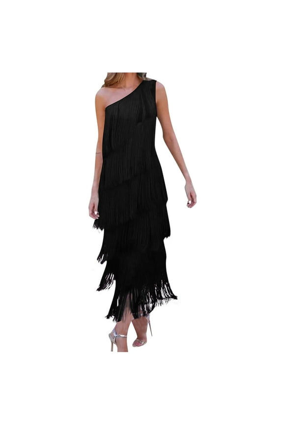 Meichang Womens One Shoulder Prom Dresses Sleeveless Fringe Flapper Dresses Solid Long formal Evening Gowns Elegant Party Cocktail Dresses