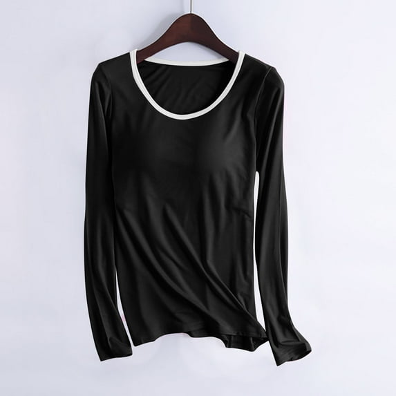 Meichang Womens Pajama Tops Plus Size Built in Bra Solid Long Sleeve Shirts Crew Neck Loose Fit Sleepwear Blouses Comfy Pajama Yoga Tops Black XXL