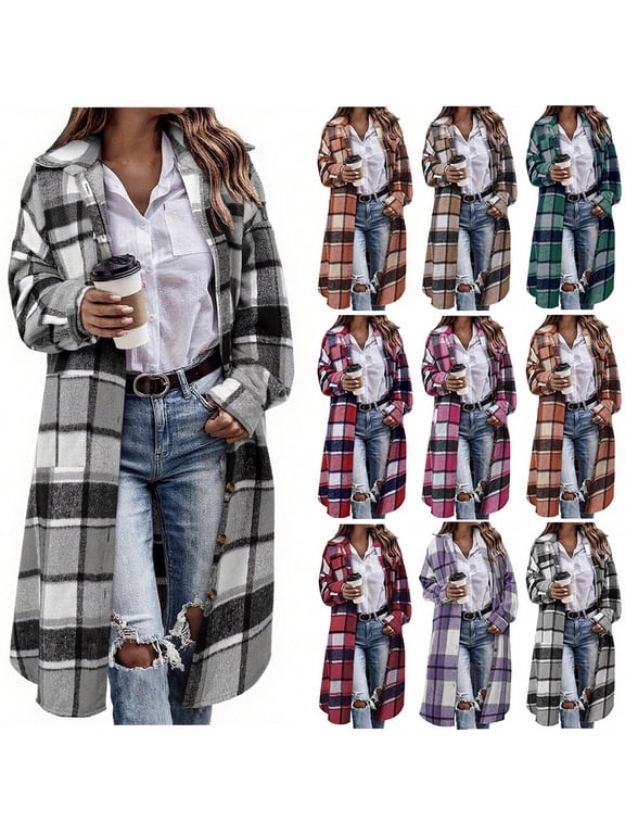 Womens Plaid Shacket Jacket Long Flannel Shirt Oversized Long Sleeve Casual Lapel Button Down Tartan Trench Coats Winter Clothing with Chest Pocket