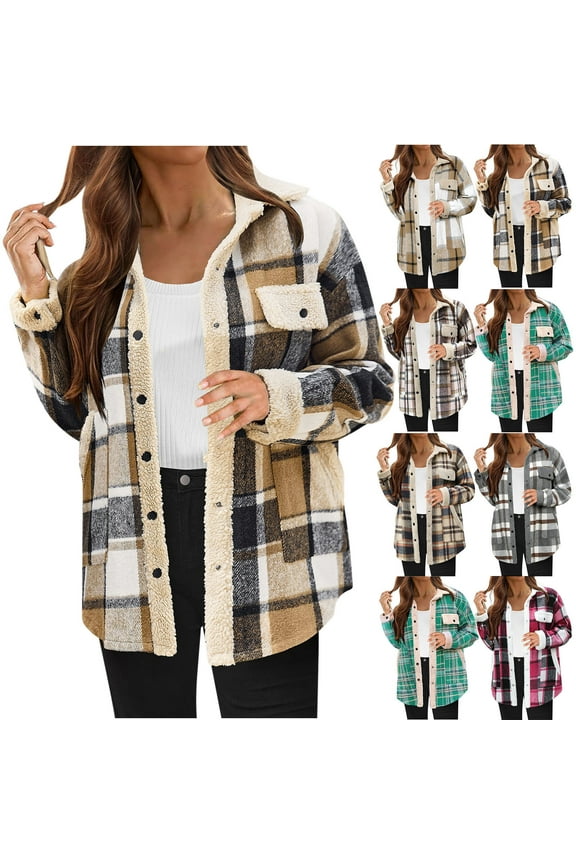 Womens Plaid Shacket Jacket Long Sleeve Collared Button Down Fleece Lined Jackets Sherpa Warm Winter Coat