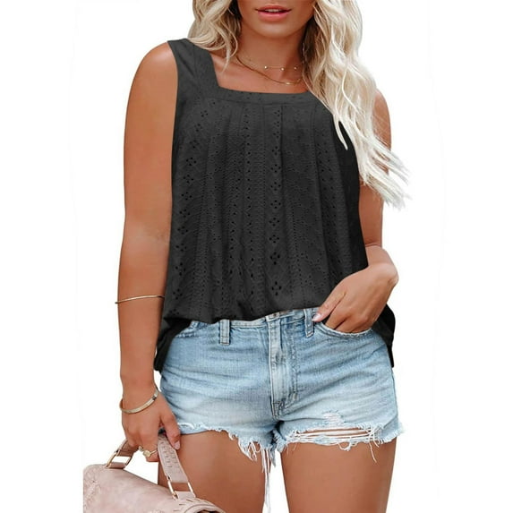 Meichang Womens Plus Size Tank Tops Eyelet Embroidery Square Neck Sleeveless Going Out Casual Summer Basic Loose Shirts Solid Wide Straps Tank Shirts 2024 Fashion Clothes Black XXXXXL