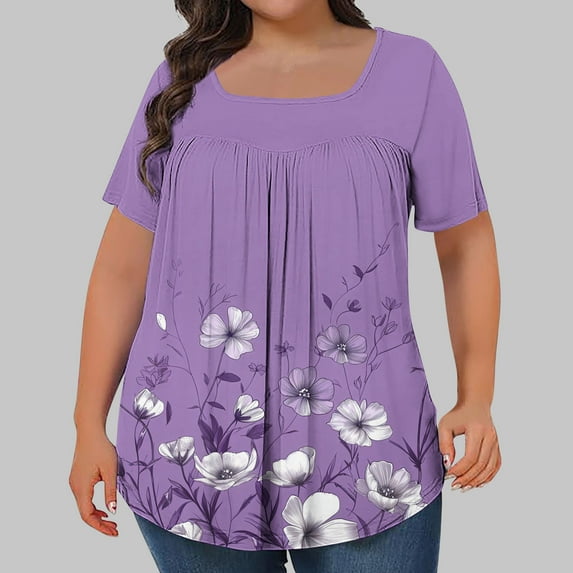 Meichang Womens Plus Size Tops 2025 Summer Trendy Floral Graphic T Shirts Short Sleeve Loose Fit Square Neck T-Shirts Tees Front Pleated Tshirts