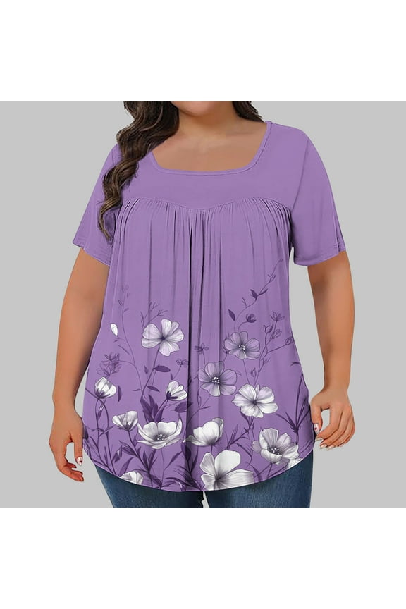 Womens Plus Size Tops 2025 Summer Trendy Floral Graphic T Shirts Short Sleeve Loose Fit Square Neck T-Shirts Tees Front Pleated Tshirts
