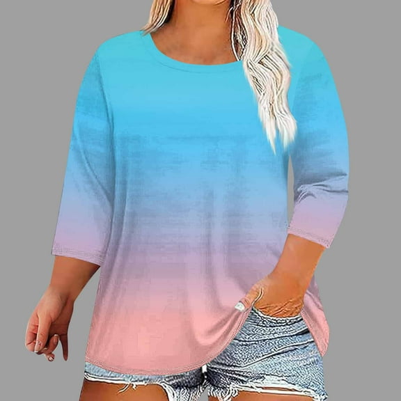 Meichang Womens Plus Size Tops 3/4 Sleeve Gradient Print Crew Neck Loose Fit Shirts Casual Fall Tops Going Out Comfy Lightweight Dressy Blouses