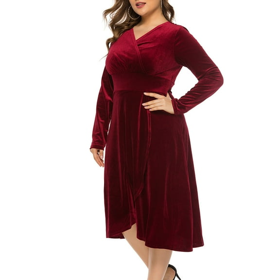 Meichang Womens Plus Size Velvet Dresses V Neck Wrap Long Sleeve A-Line Wedding Guest Dresses Cocktail Party formal Gown Mother Of The Bride Dresses
