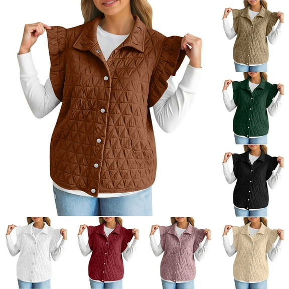 Meichang Womens Puffer Vests Ruffle Sleeveless Lightweight Quilted Vest Casual Button Down Fall Winter Padded Gilets Coats