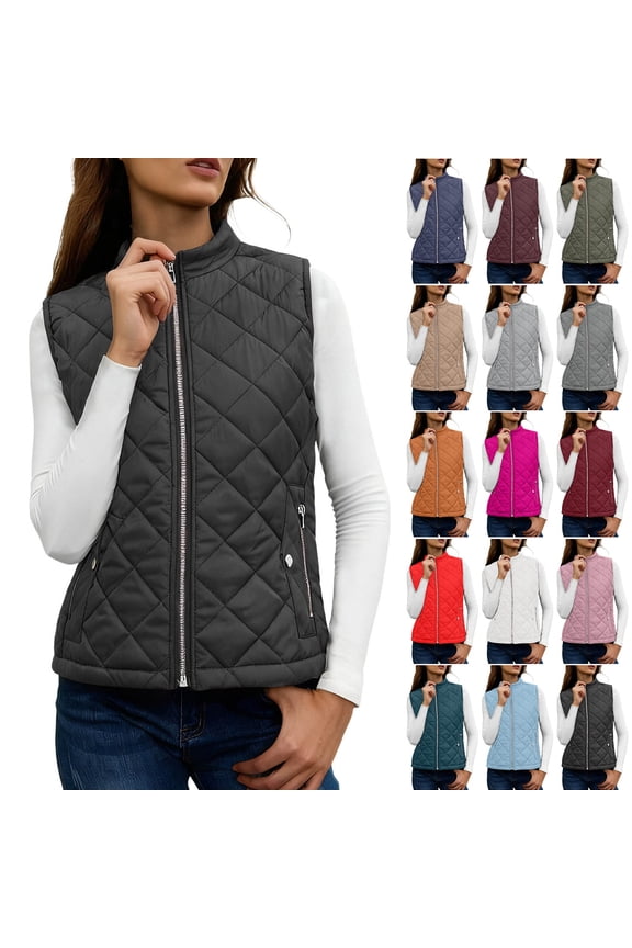 Womens Quilted Vests Lightweight Sleeveless Stand Collar Zip Up Quilted Padded Gilet Jacket With Pockets