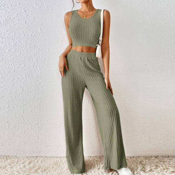 Meichang Womens Ribbed Kniited Outfits Solid Color Lounge Sets Slim Fit Sleeveless Tank Tops and Elastic Waisted Wide Leg Pants Sets