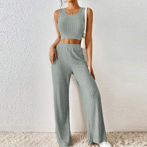 Meichang Womens Ribbed Kniited Outfits Solid Color Lounge Sets Slim Fit Sleeveless Tank Tops and Elastic Waisted Wide Leg Pants Sets
