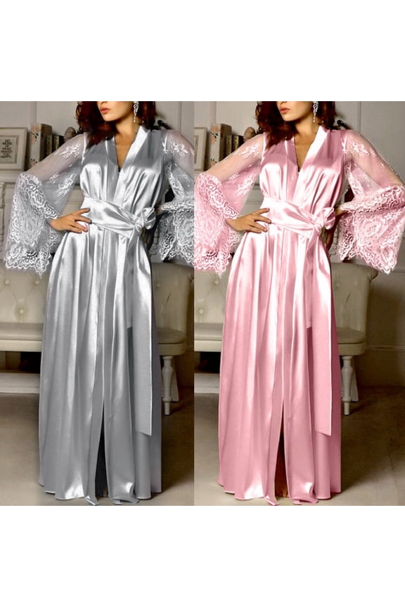 Womens Satin Long Robes Lace Sheer Sleeve Sleepwear Silky Satin Nightgowns Loose Full Length Bathrobes Comfy Soft Loungewear Housecoat with Belt