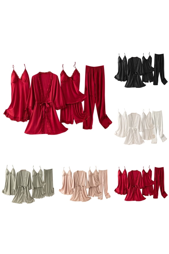 Womens Satin Pajamas Set 5 Piece Sleepwear Comfy Spring Summer Pjs Outfits Casual Loungewear Cami Nightgown, Shorts, Long Pant with Robe