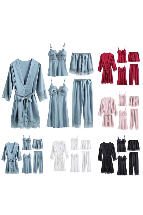 Womens Satin Robe Set 5 Piece Sleepwear Comfy Spring Summer Pajamas Outfits Comfy Loungewear Cami Nightgown, Shorts, Long Pant with Robe