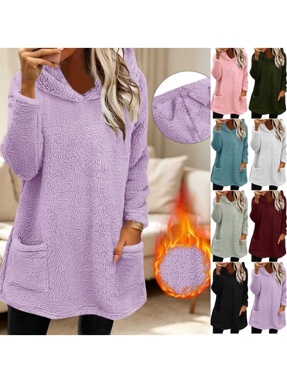 Womens Sherpa Fleece Hoodies Winter Soft Warm Fuzzy Pajama Pullovers Long Sleeve Loose Fit Casual Fluffy Hooded Sweatshirt with Pockets Loungewear