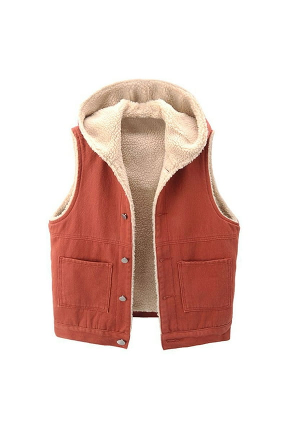 Womens Sherpa Fleece Lined Denim Vest with Hood Wool Warm Jean Jacket Oversized Button Down Waistcoat Outerwear Gilet with Pockets