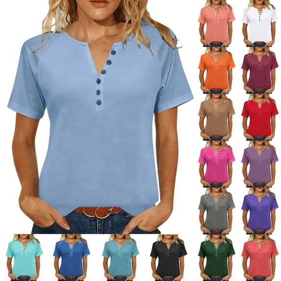 Meichang Womens Short Sleeve Henley Tops V Neck Button Casual Dressy Blouses Summer Raglan Shirt Trendy T Shirts Loose Fit Lightweight Summer Top