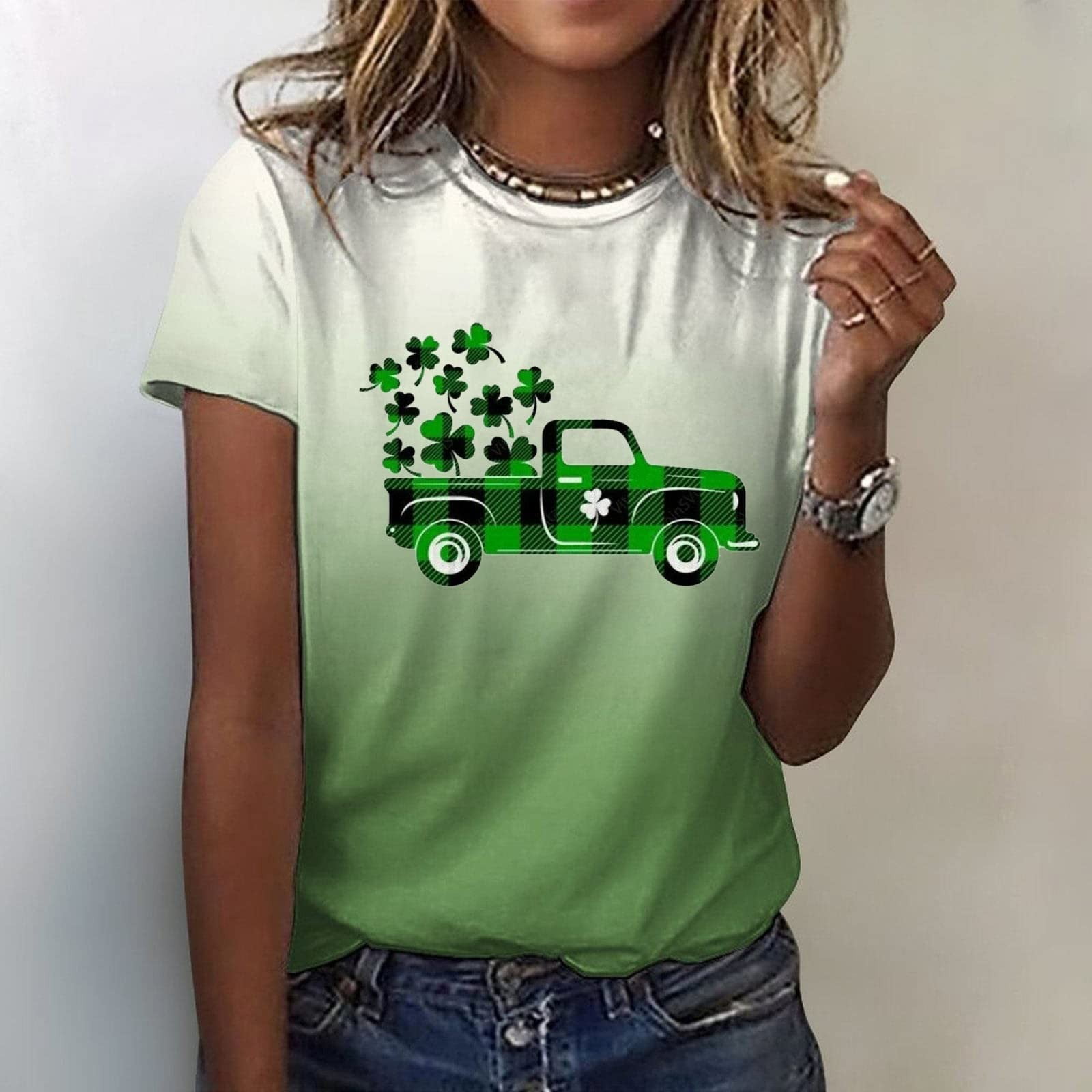 PICKID St. Patrick's Day Shirt For Women - Lucky Shamrock Graphic Tee, Green Clover Irish Tops For St. Paddy's Day