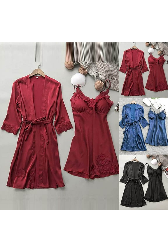 Womens Silk Robes Set with Nightgowns Satin Kimono Pajamas Set 2 Piece Sleepwear Camisole Nightdress Wedding Bride Robe Set