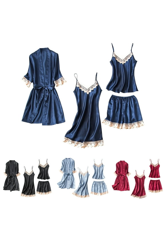 Womens Silk Satin Pajama Set Summer Comfy Robe, V-Neck Lace Cami Top, Shorts and Short Cami Nightdress 4 Piece Sleepwear Soft Nightgown