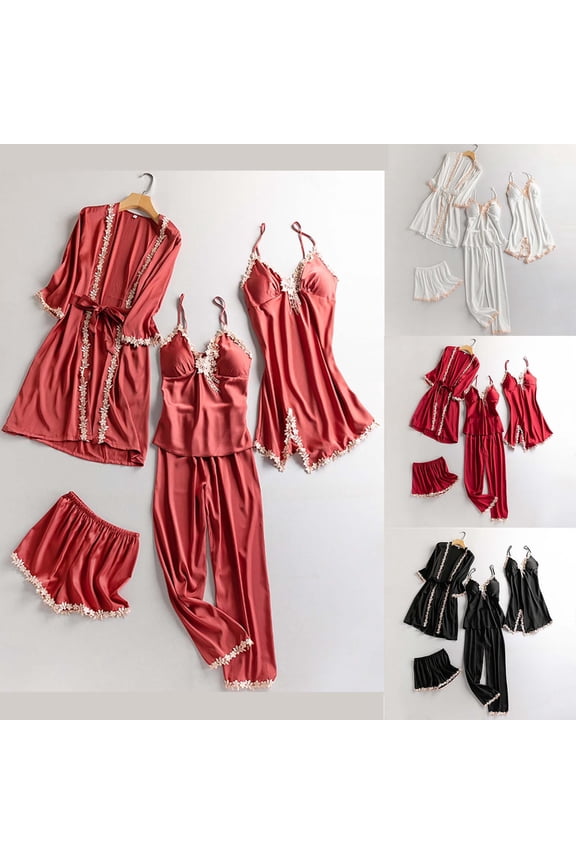 Womens Silk Satin Pajamas Set 5 Piece Pjs Outfits Summer Casual Loungewear Cami Nightgown, Shorts, Long Pant with Robe Sleepwear