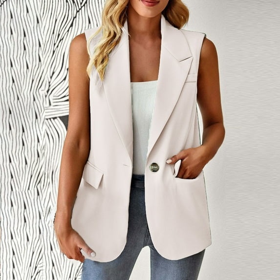 Meichang Womens Sleeveless Blazer Jackets Casual Open Front Cardigan Single Button Vests Dressy Lapel Collar Outwear with Pockets