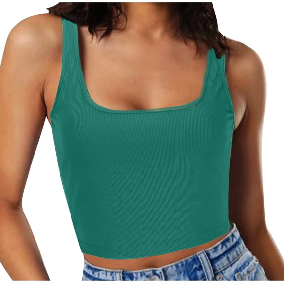 Meichang Womens Square Neck Tank Tops Ribbed Navel Exposed Crop Top Casual Summer Sleeveless Workout Tanks Shirts Slim Fit Wide Straps Basic Cami Tops