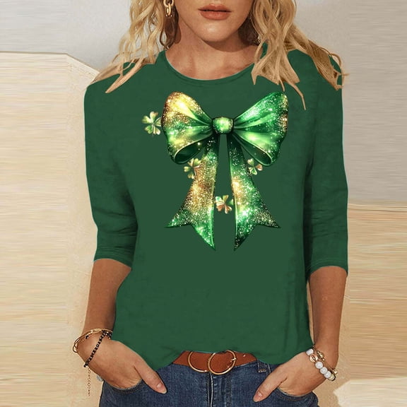 Meichang Womens St Patrick's Day T-Shirts 3/4 Sleeve Funny Shamrock Graphic Tees Irish Tops Holiday Crew Neck Loose Fit Tunic Blouses Spring Summer Fashion