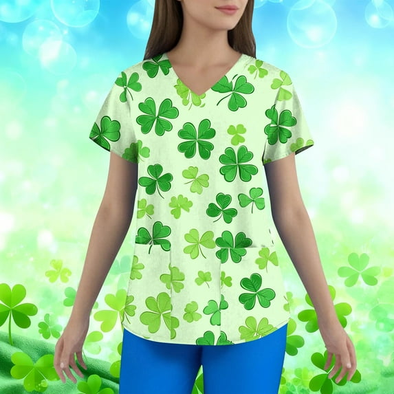 Meichang Womens St Patricks Day Nurse Uniforms Shamrock Graphic Tees Scrub Tops Short Sleeve V Neck Working Uniforms with Pockets