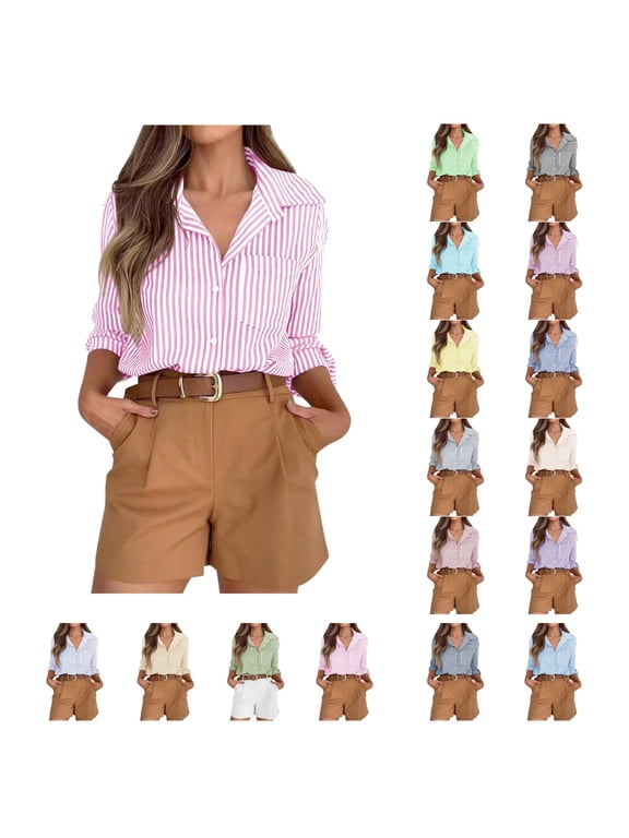 Womens Striped Button Down Shirts Long Sleeve Casual Collare Dress Shirts Fall Loose Fit Office Work Shirt Blouses Tops with Pocket Hot Pink XL