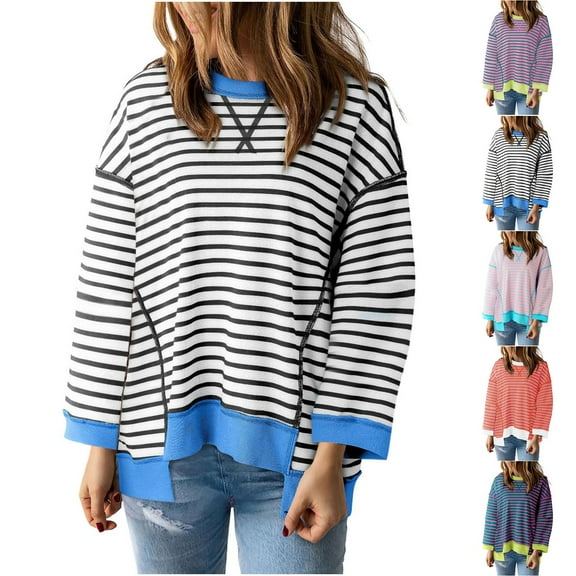 Meichang Womens Striped Oversized Sweatshirt Color Block Patchwork Crew Neck Long Sleeve Shirts Casual Loose Pullover Top Y2K Sweatshirt