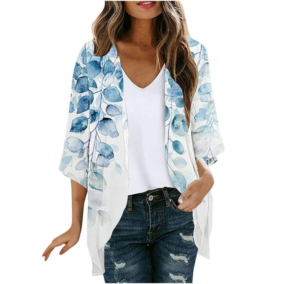 Meichang Womens Summer Cardigan Lightweight Open Front Chiffon Kimono Cardigan Boho Floral Print Kimonos Casual Beach Wear Cover Up Blouse Top