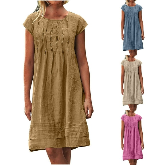 Meichang Womens Summer Dresses Casual Short Sleeve Crew Neck Pleated Dress Beach Vacation Loose Fit Knee Length Dresses A-line Midi Sundress