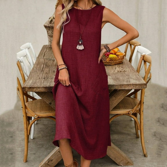 Meichang Womens Summer Dresses Sleeveless Crew Neck Midi Dress Casual Solid Loose Fit Beach Sundresses 2025 Long Dress with Pockets