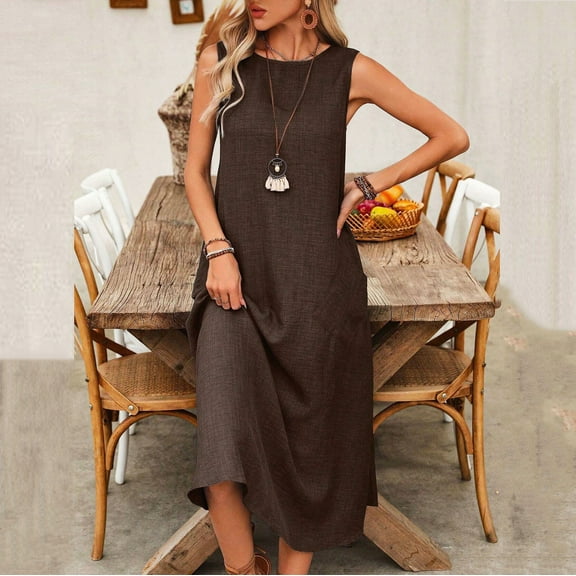 Meichang Womens Summer Dresses Sleeveless Crew Neck Midi Dress Casual Solid Loose Fit Beach Sundresses 2025 Long Dress with Pockets